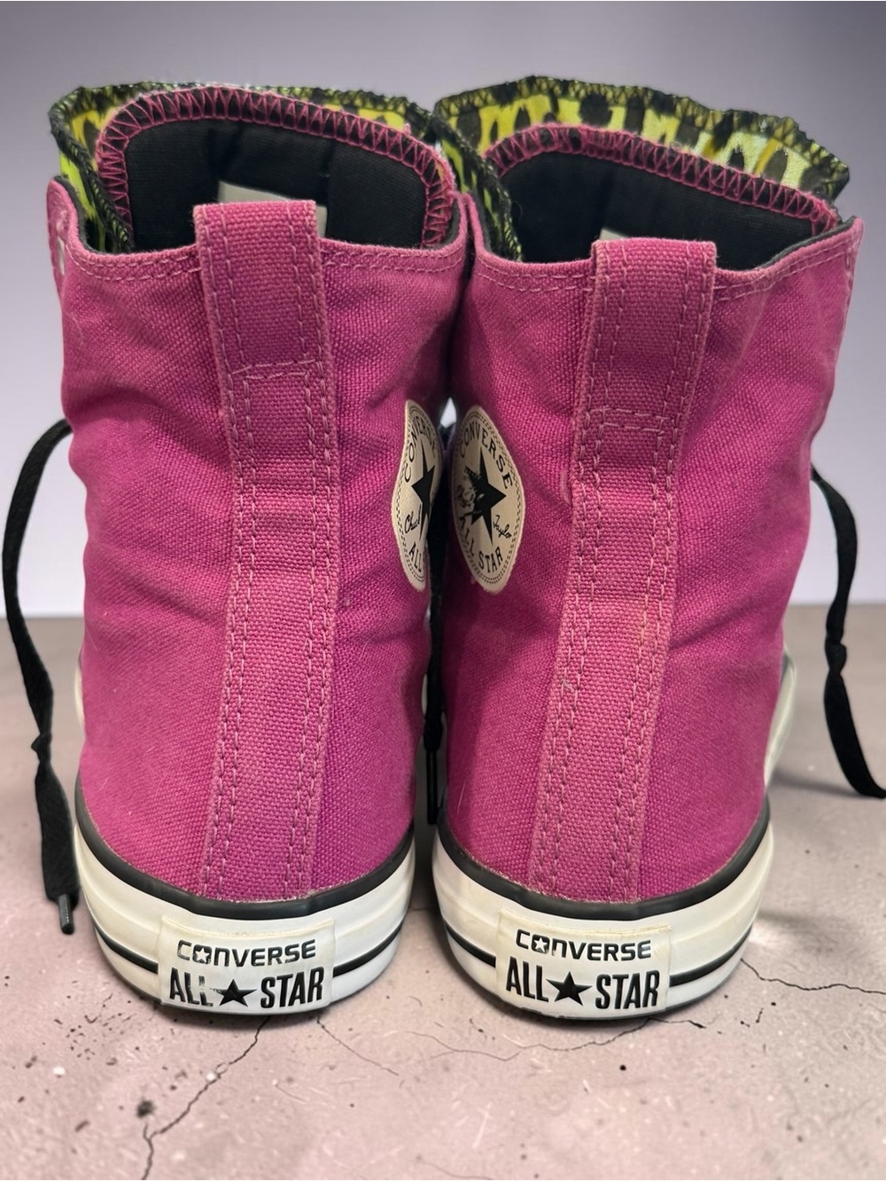Converse All Star High-Top Sneakers in Magenta with Green Leopard Lining - Picture 8 of 12